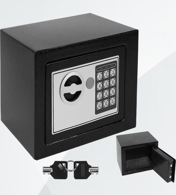 Caja fuerte compacta con código electrónico y llave